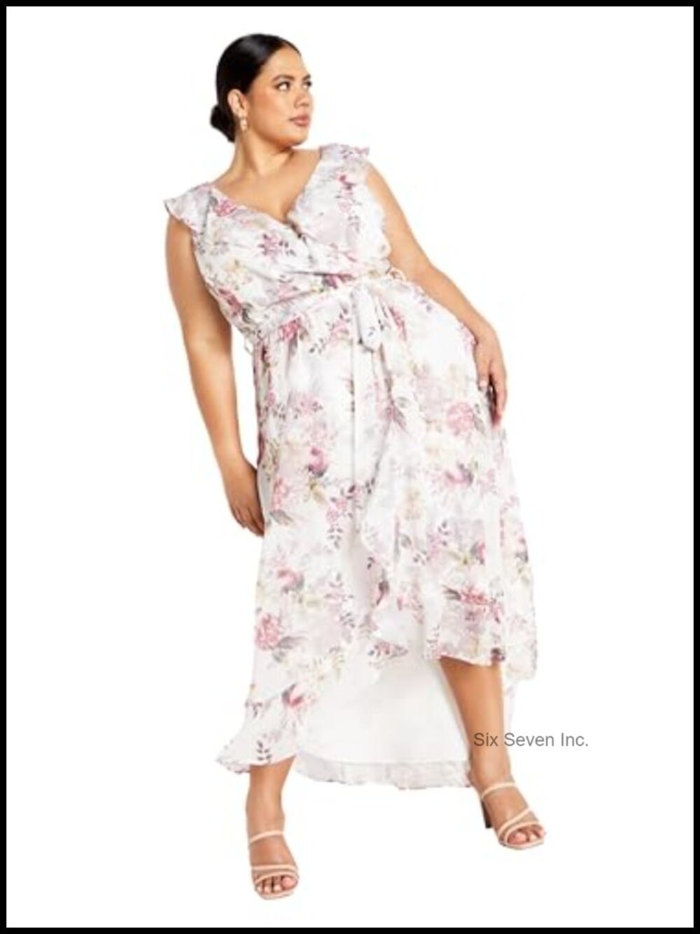 Plus Size Maxi Cocktail Dress Sleeveless V-Neck Floral Ruffle Formal
